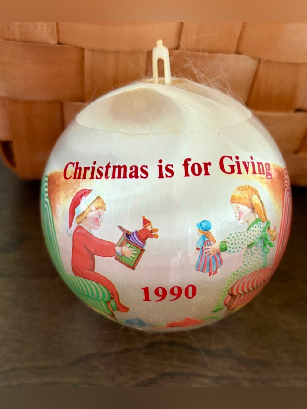 Vintage 1990 "Christmas is for Giving" 3.5” satin ball ornament Made In USA